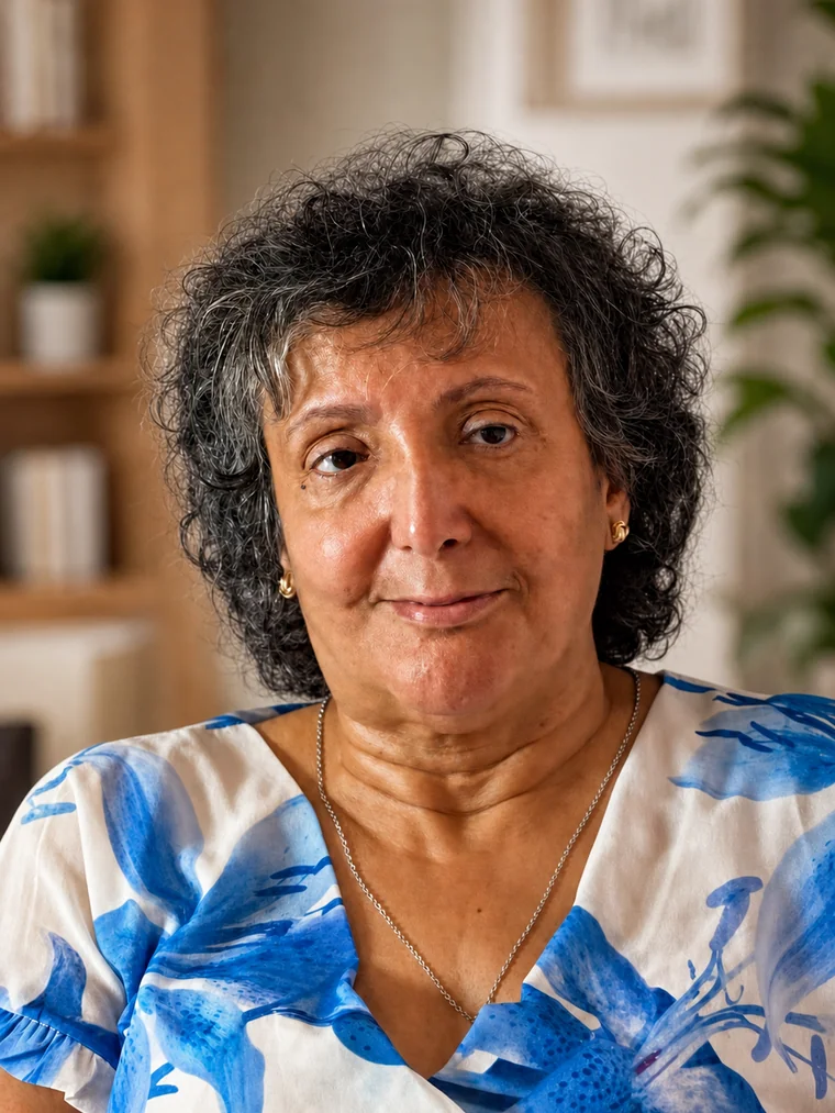 Portrait de Samira, souriante, en tunique fleurie bleue et blanche