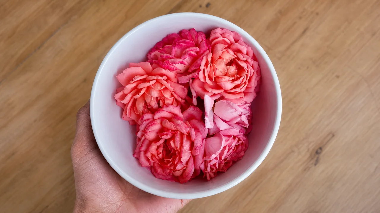 Un bol rempli de roses fraîchement cueillies du jardin de Samira