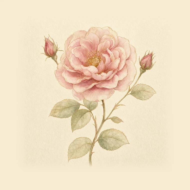 Illustration à l'aquarelle d'une rose ancienne épanouie, accompagnée de deux boutons