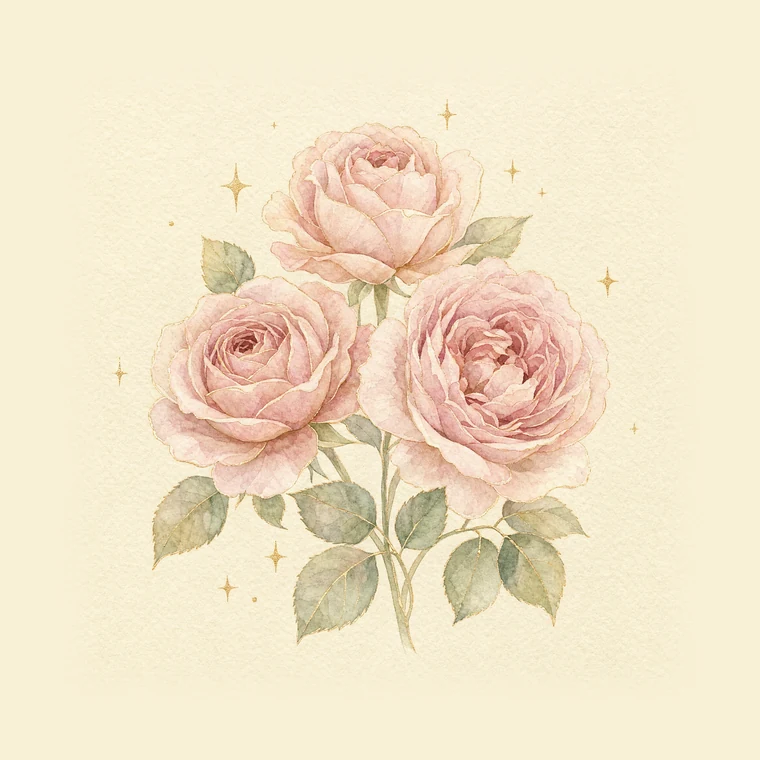 Illustration à l'aquarelle de trois roses anciennes entourées de petites étoiles dorées